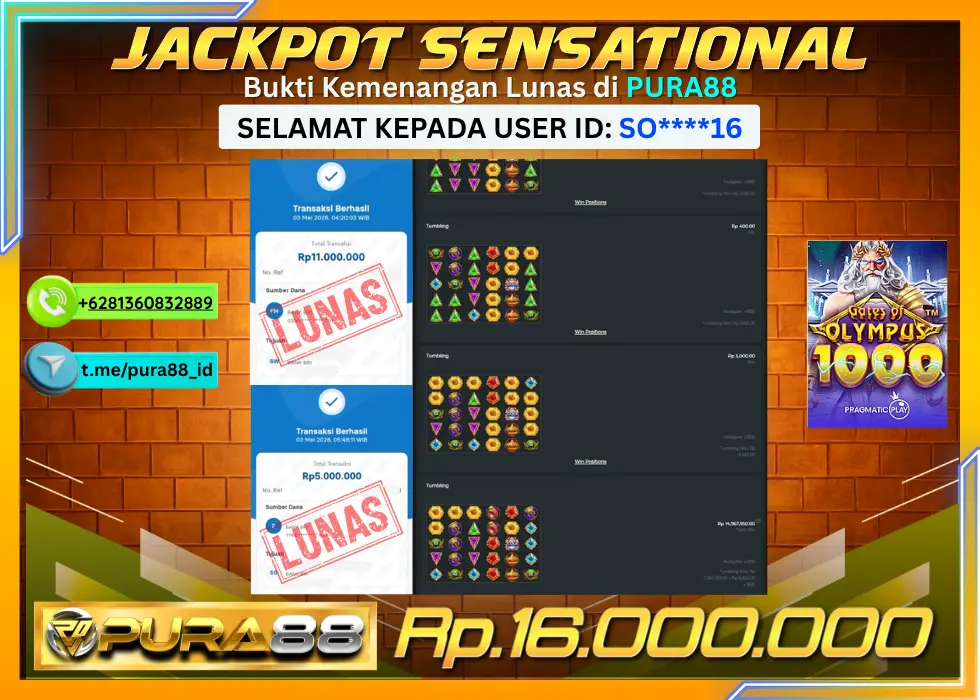 PURA88 JACKPOT GATES OF OLYMPUS 1000 Rp 16.000.000,- LUNAS